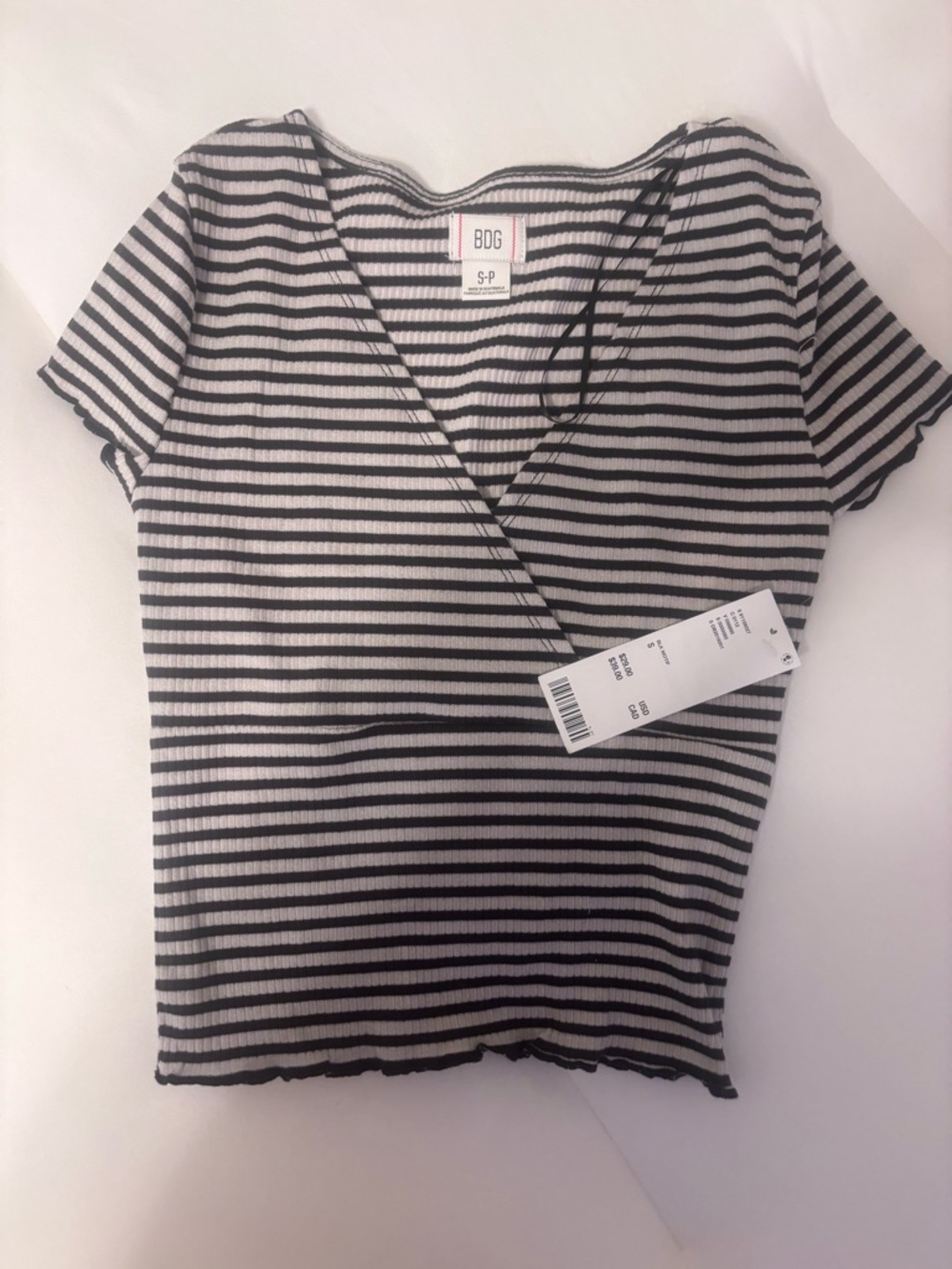 BDG Black & White Striped Short Sleeve Wrap Ribbed Top
